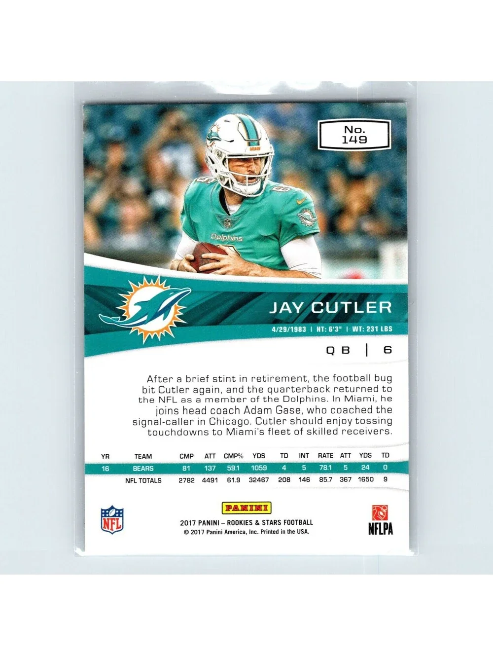2017 Panini Rookies & Stars Jay Cutler #149 Longevity #/70 Miami Dolphins